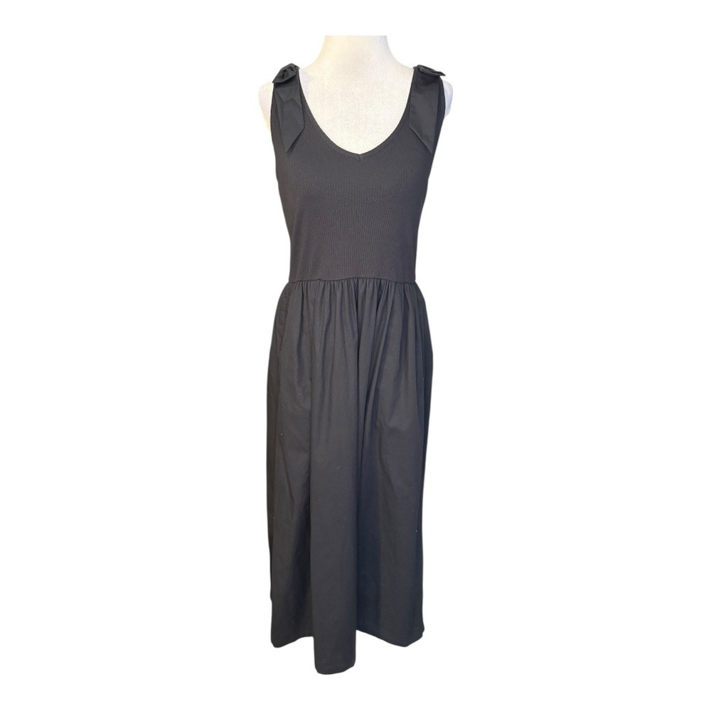 J. Crew Black Bow-strap Knit Mixy Dress Ribbed Knit Cotton Blend Midi Size Small